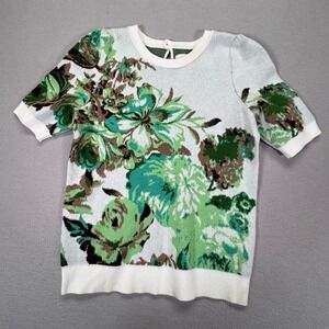 Maeve Anthropologie Green Floral Short Sleeve Knit Sweater Small Keyhole Back